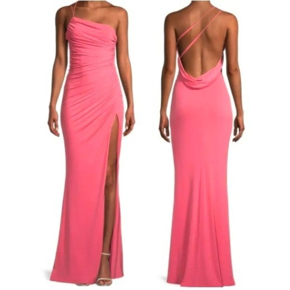 KATIE MAY NWT Womens Large Coral Pink One Shoulder Thigh Slit Ruched Formal Gown